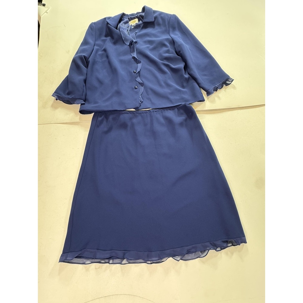 Talbots Jacket Dress Womens 18 Blue Chiffon Ruffle Hem Lined Knee Length Party